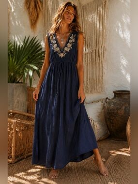 Johnny Was Navy Floral Embroidered Gauze Maxi Dress Boho Hippie